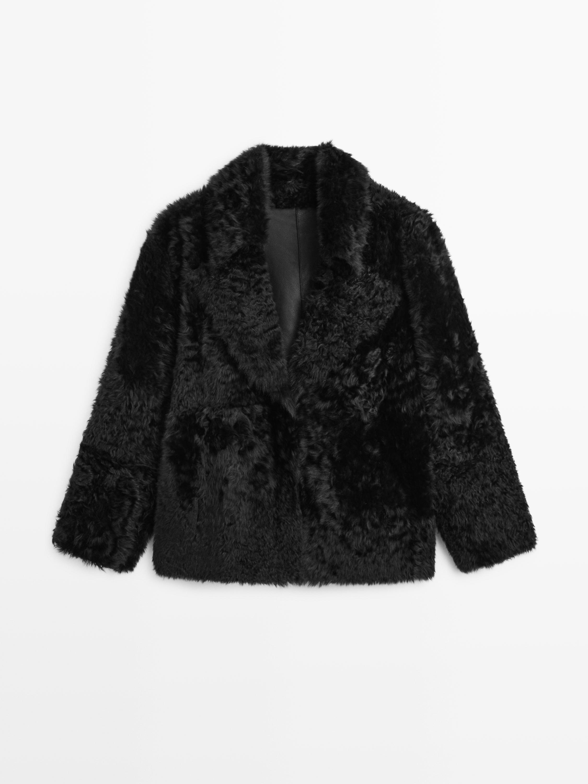 Sheepskin leather coat with lapel collar